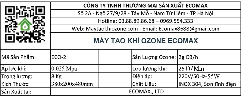thông số kỹ thuật máy ozone 2g/h