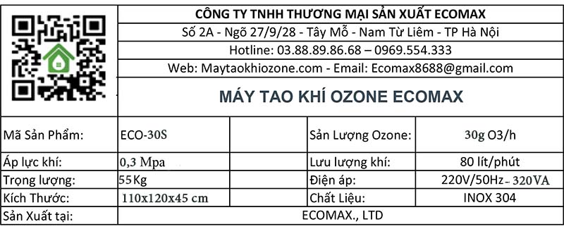 thông số kỹ thuật máy ozone 30g/h