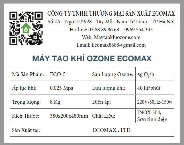 thông số kỹ thuật máy ozone 5g/h