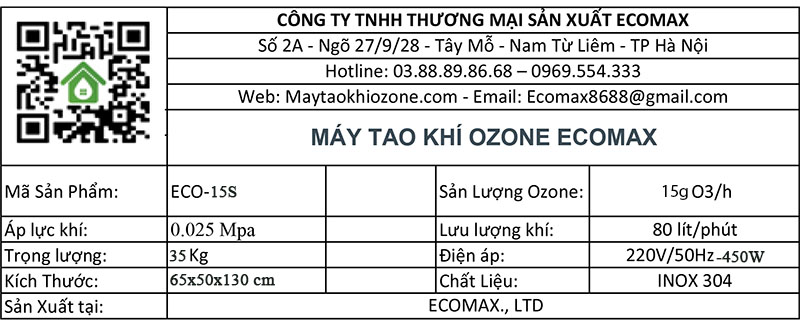thông số kỹ thuật máy ozone 15g/h