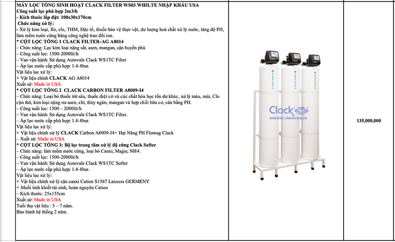Báo giá máy lọc nước tổng sinh hoạt clack ws03 usa