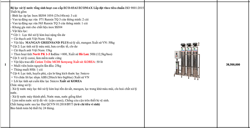 Báo giá máy lọc nước tổng sinh hoạt ECOMAX ECO-03 AI