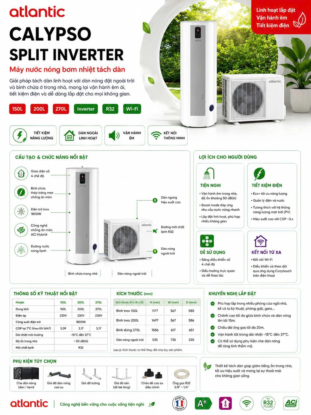 Brochure ngắn gọn thông tin về máy nước nóng Heat Pump Atlantic Calypso Split