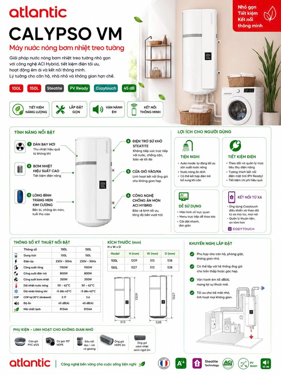 Brochure tóm tắt đủ thông tin máy nước nóng trung tâm Heat Pump Atlantic Calypso VM