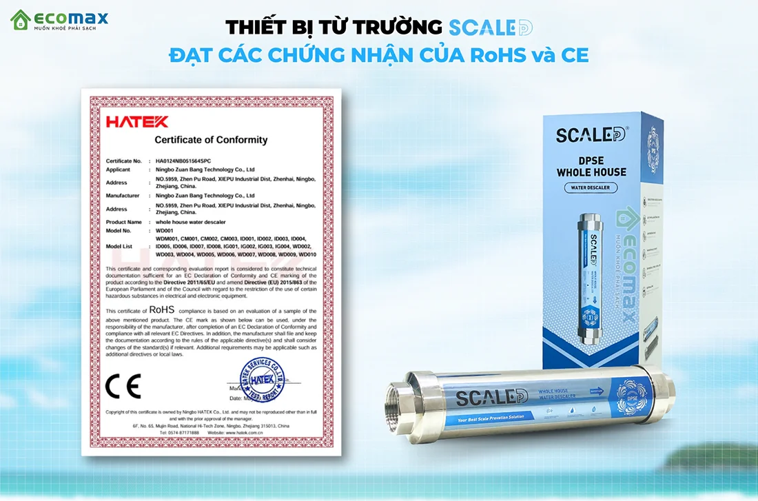 Thiết bị từ trường ScaleDP "ENHANCED" tăng cường chống cáu cặn Canxi 14 Thiết bị từ trường ScaleDP đạt chứng nhận của RoHS và CE