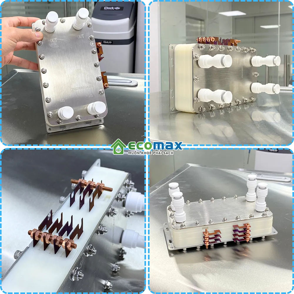 Máy lọc nước ion kiềm công nghiệp 1000 Lít/h phục vụ sản xuất, kinh doanh nước uống 18 Điện cực mới 100% của máy lọc nước ion kiềm công nghiệp tại Ecomax