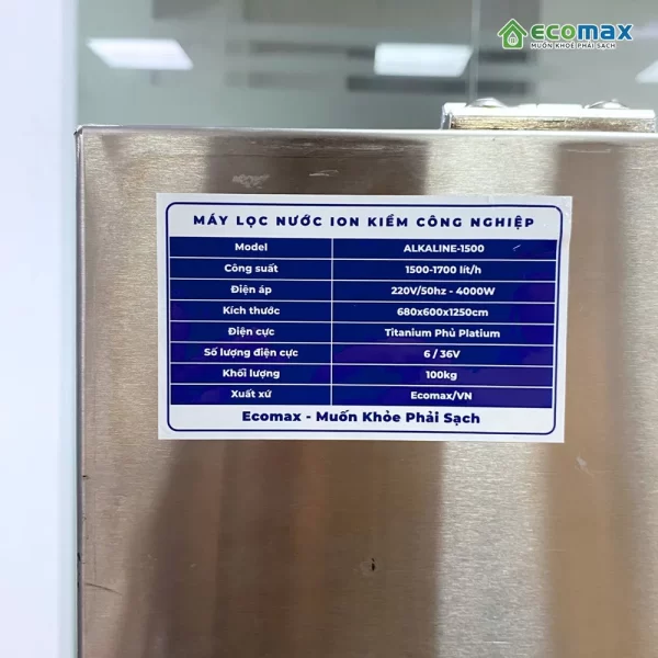 Thông số kỹ thuật của Máy lọc nước ion kiềm công nghiệp 1500 Lít/h