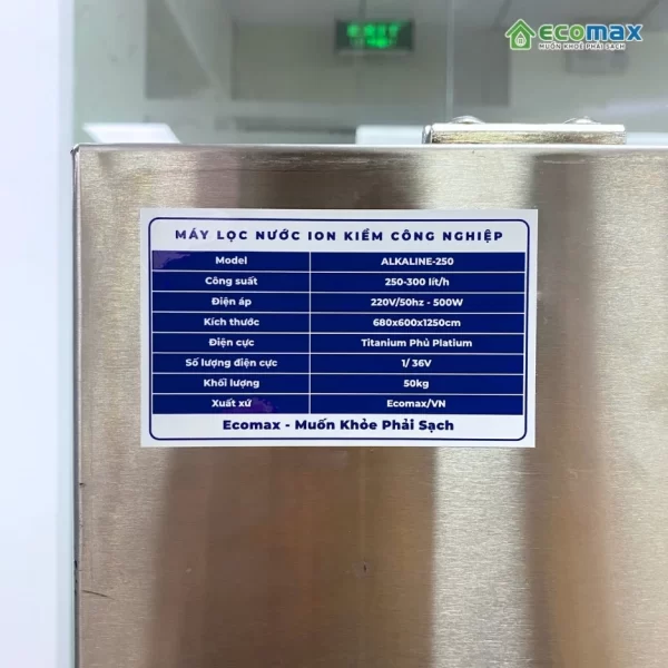 Thông số kỹ thuật máy lọc nước ion kiềm công nghiệp công suất 250 Lít/h