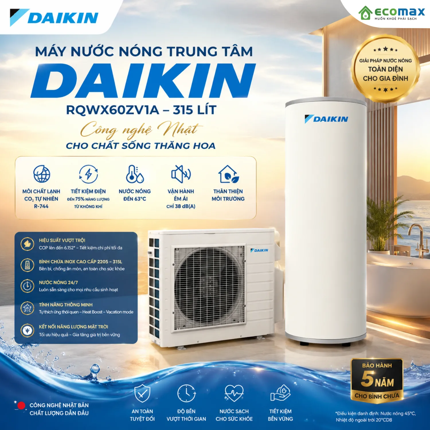 Máy nước nóng trung tâm Heat Pump Daikin 315 Lít RQWX60ZV1A Chính Hãng và Bảo Hành Lâu Dài 11 Ưu điểm Máy nước nóng trung tâm Heat Pump Daikin 315 Lít mã sản phẩm RQWX60ZV1A